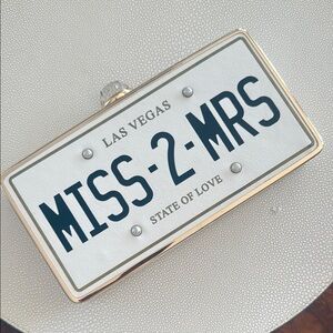 Aldo White and Gold License Plate Clutch